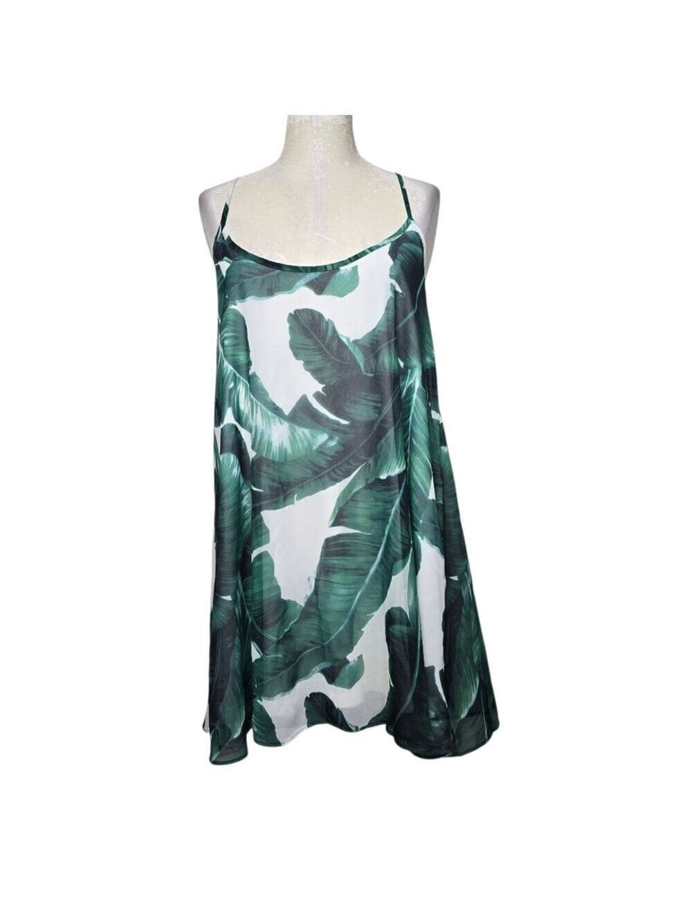 Judith March Tropical Leaf Print Sleeveless Dress White Green Size S